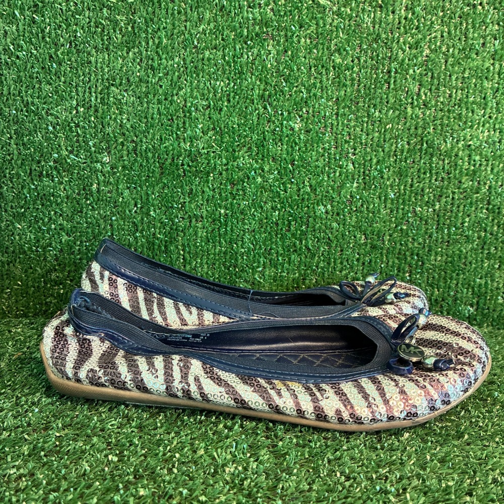 Michael Kors Girls Lil Kory Zebra Sequin Bow Charm Glam Ballet Flat Navy Women 5